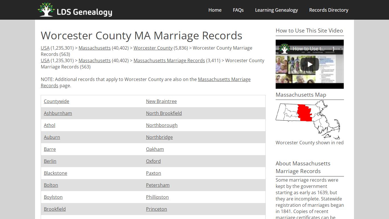 Worcester County MA Marriage Records - LDS Genealogy