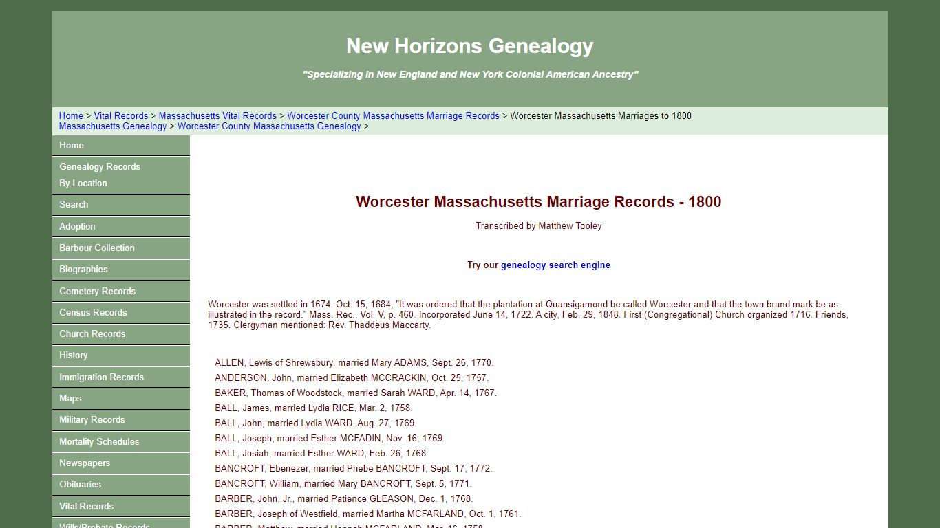 Worcester Massachusetts Marriage Records - 1800