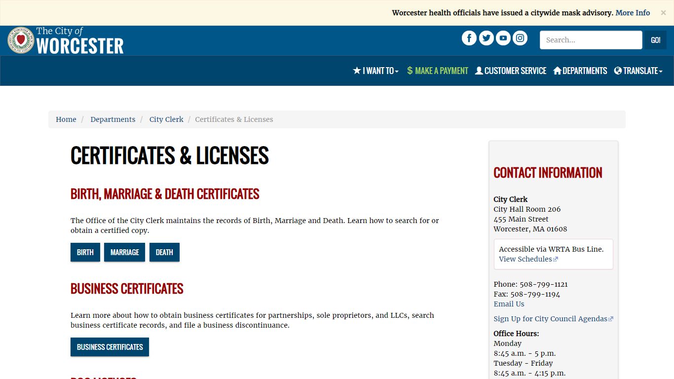 Certificates & Licenses | City of Worcester, MA